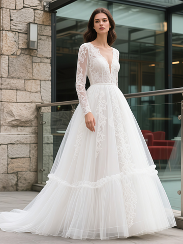 V Neck A Line Lace Appliques Long Sleeve Wedding Dress