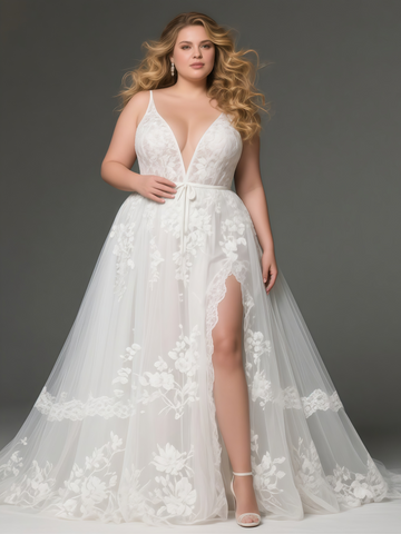 A Line Plus Size Appliques Spaghetti Straps Wedding Dress With Slit