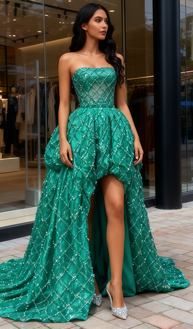 High Low Sequin Beading Green Strapless Prom Dress
