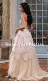 High Low Tulle A Line Champagne Sparkle Prom Dress