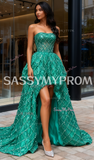 High Low Sequin Beading Green Strapless Prom Dress