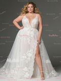 A Line Plus Size Appliques Spaghetti Straps Wedding Dress With Slit