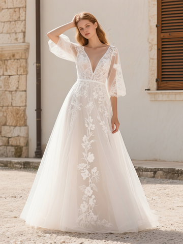 V Neck Half Sleeve Tulle Lace A Line Wedding Dress