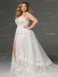 A Line Plus Size Appliques Spaghetti Straps Wedding Dress With Slit