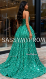 High Low Sequin Beading Green Strapless Prom Dress