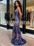 Sequin Trumpet Mermaid Floral Purple Spaghetti Straps Prom Dress