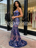 Sequin Trumpet Mermaid Floral Purple Spaghetti Straps Prom Dress