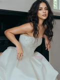 A Line Satin Ruched Strapless Tulle Beading Wedding Dress