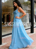Tulle V Neck A Line Appliques Navy Blue Prom Dress