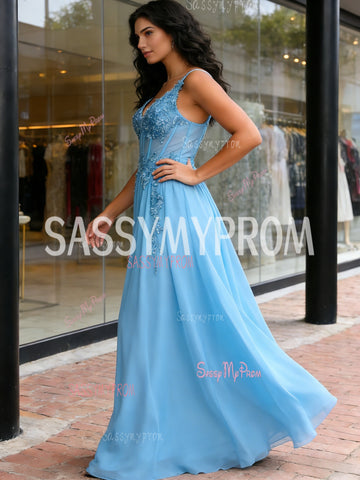 Tulle V Neck A Line Appliques Navy Blue Prom Dress