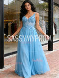 Tulle V Neck A Line Appliques Navy Blue Prom Dress