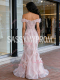 Ruffles Flowers Tulle Beading Off The Shoulder Mermaid Prom Dress