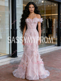 Ruffles Flowers Tulle Beading Off The Shoulder Mermaid Prom Dress