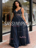 Tulle V Neck A Line Appliques Navy Blue Prom Dress