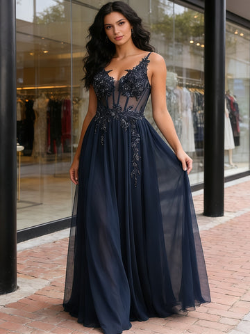 Tulle V Neck A Line Appliques Navy Blue Prom Dress