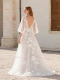 V Neck Half Sleeve Tulle Lace A Line Wedding Dress