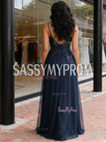 Tulle V Neck A Line Appliques Navy Blue Prom Dress