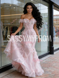 Ruffles Flowers Tulle Beading Off The Shoulder Mermaid Prom Dress