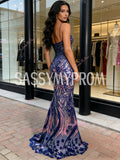 Sequin Trumpet Mermaid Floral Purple Spaghetti Straps Prom Dress
