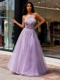 Tulle Strapless Beading Purple A Line Prom Dress