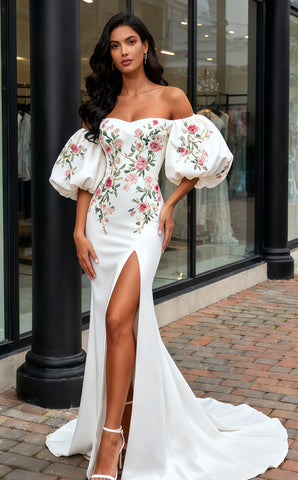 Sweetheart Trumpet Mermaid Puffy Sleeves Embroidery Satin Wedding Dress