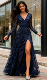 Beading A Line Long Sleeves Navy Blue V Neck Prom Dress