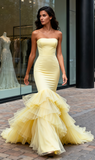 Satin Trumpet Mermaid Tulle Strapless Ruffles Prom Dress