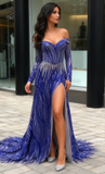 Off The Shoulder Sequin Royal Blue Prom Dress With Slit