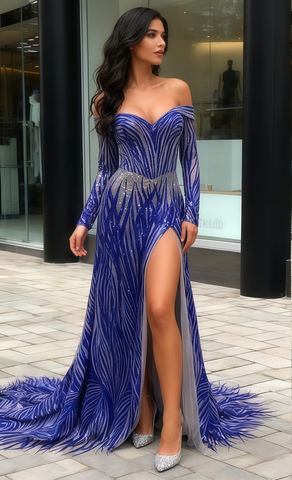 Off The Shoulder Sequin Royal Blue Prom Dress With Slit