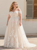 Appliques Plus Size Tulle Champange Off The Shoulder Wedding Dress