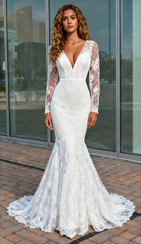 Long Sleeve Appliques Trumpet Mermaid Lace V Neck Wedding Dress