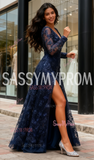 Beading A Line Long Sleeves Navy Blue V Neck Prom Dress