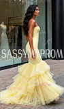 Satin Trumpet Mermaid Tulle Strapless Ruffles Prom Dress