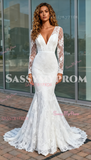 Long Sleeve Appliques Trumpet Mermaid Lace V Neck Wedding Dress