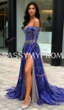 Off The Shoulder Sequin Royal Blue Prom Dress With Slit