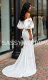 Sweetheart Trumpet Mermaid Puffy Sleeves Embroidery Satin Wedding Dress