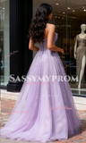 Tulle Strapless Beading Purple A Line Prom Dress
