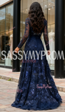 Beading A Line Long Sleeves Navy Blue V Neck Prom Dress
