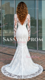 Long Sleeve Appliques Trumpet Mermaid Lace V Neck Wedding Dress
