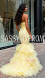 Satin Trumpet Mermaid Tulle Strapless Ruffles Prom Dress