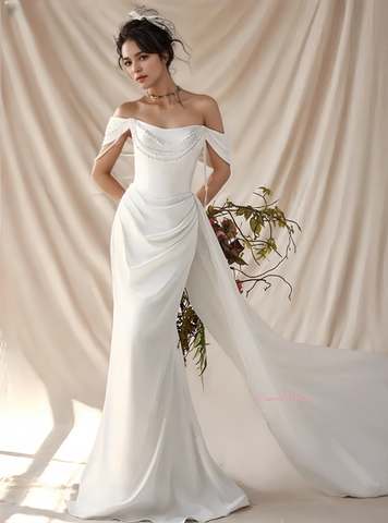 Off The Shoulder Pearls Satin Trumpet Mermaid Wedding Dress