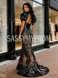 High Neck Short Sleeve Floral Mermaid Black Sequin Prom Dress