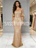 Gold Sequin Trumpet Mermaid Straps Puffy Sleeve Prom Dress