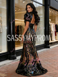 High Neck Short Sleeve Floral Mermaid Black Sequin Prom Dress