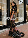 High Neck Short Sleeve Floral Mermaid Black Sequin Prom Dress