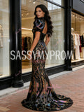 High Neck Short Sleeve Floral Mermaid Black Sequin Prom Dress