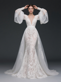 V Neck Long Sleeves Wedding Dress With Detachable Train