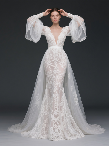 V Neck Long Sleeves Wedding Dress With Detachable Train