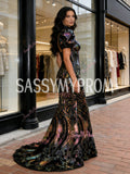 High Neck Short Sleeve Floral Mermaid Black Sequin Prom Dress