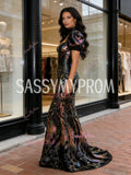 High Neck Short Sleeve Floral Mermaid Black Sequin Prom Dress